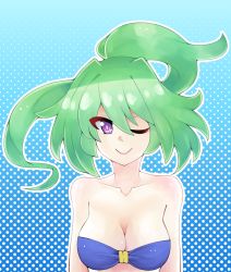 Rule 34 | 1girl, ;), arms at sides, bare arms, bare shoulders, bikini, blue background, blue bikini, blush, breasts, cleavage, closed mouth, collarbone, female focus, floating hair, front-tie top, gradient background, green hair, green heart (neptunia), hair between eyes, highres, hip focus, large breasts, long hair, looking at viewer, mahruru, neck, neptune (series), one eye closed, polka dot, polka dot background, ponytail, power symbol, power symbol-shaped pupils, purple eyes, shiny skin, side-tie bikini bottom, smile, solo, strapless, strapless bikini, swimsuit, symbol-shaped pupils, upper body, vert (neptunia), very long hair, wink