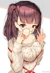 Rule 34 | 1girl, aran sweater, bare shoulders, blush, breasts, brown hair, cable knit, closed mouth, collarbone, commentary, dduck kong, girls&#039; frontline, glasses, hands on eyewear, hands up, highres, large breasts, long hair, long sleeves, looking at viewer, red eyes, round eyewear, sleeves past wrists, solo, sweater, upper body, wa2000 (girls&#039; frontline), wavy mouth, white background, white sweater