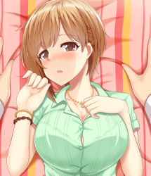 Rule 34 | 1girl, :o, aiba yumi, bangle, blush, bracelet, breasts, brown eyes, brown hair, cleavage, collared shirt, dress shirt, from above, green shirt, hand on own chest, hands up, head tilt, idolmaster, idolmaster cinderella girls, jewelry, long sleeves, looking at viewer, lying, medium breasts, necklace, oga raito, on back, open mouth, pov, shirt, short hair, short sleeves, solo, solo focus, star (symbol), star necklace, striped, sweat, upper body, wing collar