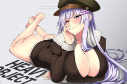Rule 34 | 1girl, ass, blush, bomber jacket, bottomless, breasts, cleavage, commission, english text, feet, frolaytia capistrano, hair ornament, hat, heavy object, jacket, large breasts, light purple hair, lindaroze, long hair, lying, on stomach, one eye closed, pilot uniform, purple eyes, the pose, thighs