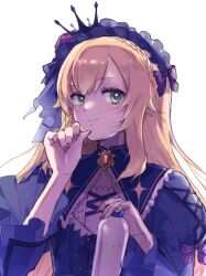 Rule 34 | 1boy, blonde hair, bottle, bow, commentary request, crossdressing, crown, dress, green eyes, hairband, highres, holding, holding bottle, juliet sleeves, lolita hairband, long hair, long sleeves, looking at viewer, male focus, mini crown, nail polish, nijisanji, nrnroooo, puffy sleeves, red nails, simple background, solo, trap, upper body, uzuki kou, very long hair, virtual youtuber, white background