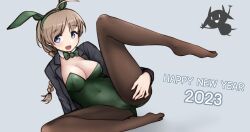 Rule 34 | 1girl, 2023, ahoge, animal ears, black pantyhose, bow, bowtie, braid, breasts, brown hair, chinese zodiac, cleavage, covered navel, detached collar, green bow, green bowtie, green leotard, grey background, grey eyes, grey jacket, happy new year, highres, jacket, leotard, lynette bishop, m1saki 1, medium breasts, miyafuji yoshika, new year, open clothes, open jacket, pantyhose, playboy bunny, rabbit ears, rabbit tail, silhouette demon, simple background, single braid, solo, spread legs, strike witches, tail, world witches series, wrist cuffs, year of the rabbit
