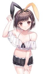 Rule 34 | 1girl, :&lt;, absurdres, animal ears, arm up, bare shoulders, bikini, black hairband, brown eyes, brown hair, closed mouth, collarbone, commentary request, fake animal ears, hairband, halterneck, highres, looking at viewer, navel, off-shoulder bikini, off shoulder, paraffin, project sekai, rabbit ears, see-through, shinonome ena, simple background, solo, swimsuit, v-shaped eyebrows, white background, white bikini