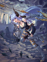 Rule 34 | 1girl, absurdres, bare shoulders, black shirt, blue hair, blue skirt, boots, breasts, cleavage, commentary, dragon, fang, gauntlets, highres, holding, holding polearm, holding spear, holding weapon, horns, large breasts, long hair, mute fanta855, original, outdoors, polearm, red eyes, shirt, skirt, sky, solo, spear, weapon