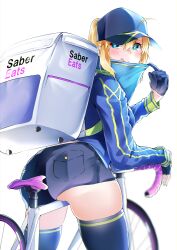 Rule 34 | 1girl, absurdres, ahoge, artoria pendragon (fate), ass, baseball cap, bicycle, blonde hair, blue eyes, blue hat, blue jacket, blush, breasts, fate/grand order, fate (series), food delivery box, gloves, hat, highres, jacket, large breasts, len (hand linke), licking lips, long hair, long sleeves, looking at viewer, looking back, mysterious heroine x (fate), mysterious heroine xx (fate), ponytail, shorts, sidelocks, smile, solo, thighhighs, thighs, tongue, tongue out