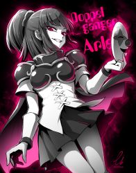 Rule 34 | 1girl, armor, aura, black background, blunt bangs, breastplate, capelet, character name, cloak, commission, cowboy shot, doppelganger arle, dutch angle, ebiblue, from below, grin, highres, holding, long sleeves, looking at viewer, mask, unworn mask, monochrome, muneate, pauldrons, pink eyes, pleated skirt, ponytail, puyopuyo, short ponytail, shoulder armor, skeb commission, skirt, smile, tsurime