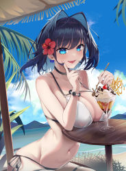 Rule 34 | 1girl, :d, absurdres, arched back, beach umbrella, bikini, black hair, blue eyes, blue hair, blue sky, breast rest, breasts, cherry, chocolate syrup, cleavage, cloud, cup, day, elbow rest, fang, flower, food, fruit, hair flower, hair intakes, hair ornament, hibiscus, highres, holding, holding spoon, hololive, hololive english, huge breasts, ice cream, index finger raised, looking at viewer, navel, open mouth, ouro kronii, outdoors, red flower, rpg (ram), short hair, side-tie bikini bottom, sitting, sky, smile, solo, spoon, stomach, sundae, swimsuit, table, umbrella, virtual youtuber