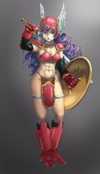 Rule 34 | 1girl, abs, armor, bikini, bikini armor, bikini top only, blue eyes, boots, breasts, bridal garter, choker, closed mouth, curly hair, dragon quest, dragon quest iii, elbow gloves, full body, gloves, gradient background, helmet, highleg, highres, holding, holding sword, holding weapon, large breasts, long hair, looking to the side, navel, pauldrons, purple hair, red armor, red footwear, shield, shoulder armor, soldier (dq3), solo, swimsuit, sword, sword behind back, warrior, weapon, winged helmet, yugawara tarou