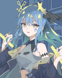 Rule 34 | 1girl, bare shoulders, blue hair, breasts, collared shirt, hair between eyes, hair ornament, highres, holding, hololive, hoshimachi suisei, jacket, jacket on shoulders, knife, minmin2563, nail, navel, open mouth, purple eyes, scissors, shirt, shuriken, shuriken hair ornament, solo, star-shaped pupils, star (symbol), symbol-shaped pupils, virtual youtuber, weapon