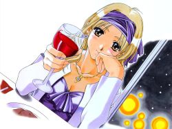 Rule 34 | 1990s (style), 1girl, alcohol, blonde hair, blush, breasts, brown eyes, cleavage, cup, drinking glass, endou akira, headband, jewelry, kai tomohisa, medium breasts, necklace, sentimental graffiti, solo, wine, wine glass