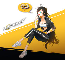 Rule 34 | 1girl, bandeau, black hair, blue eyes, closers, drooling, food, gradient background, haje714, imagining, korean text, long hair, smile, solo, striped, striped background, track suit, yuri seo