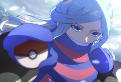 Rule 34 | 1boy, blue hair, blue mittens, blue scarf, commentary request, creatures (company), eyelashes, floating hair, game freak, green eyes, grusha (pokemon), hands up, highres, holding, holding poke ball, jacket, long hair, looking down, male focus, mittens, monaka (hc pkmn), nintendo, poke ball, poke ball (basic), pokemon, pokemon sv, scarf, scarf over mouth, solo, striped clothes, striped scarf, yellow jacket