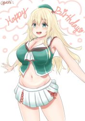 Rule 34 | 1girl, atago (kancolle), beret, blonde hair, breasts, choukai (kancolle), choukai (kancolle) (cosplay), cleavage, collarbone, commentary request, cosplay, cowboy shot, green eyes, green hat, green shirt, groin, happy birthday, hat, highres, kantai collection, large breasts, long hair, maya (kancolle), maya (kancolle) (cosplay), midriff, navel, one-hour drawing challenge, pleated skirt, shirt, simple background, sinape, skirt, sleeveless, sleeveless shirt, solo, white background, white skirt