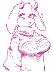 Rule 34 | 1girl, absurdres, animal ears, blush, breasts, chizi, female focus, furry, furry female, goat ears, happy, heart, highres, horns, large breasts, long sleeves, looking at viewer, monochrome, open mouth, simple background, sketch, smile, solo, toriel, undertale, upper body, white background