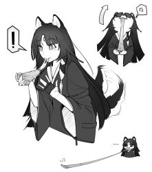 Rule 34 | !, ..., 1girl, anger vein, animal ears, arknights, blush, dog ears, dog tail, facial mark, fingerless gloves, food, forehead mark, gloves, greyscale, highres, japanese clothes, kimono, long hair, monochrome, null-3, pizza, saga (arknights), simple background, smile, spoken anger vein, spoken exclamation mark, tail, tail wagging, white background