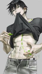 Rule 34 | 1boy, abs, bad id, bad twitter id, black hair, black shirt, clothes lift, cowboy shot, dotted line, fushiguro touji, green eyes, grey background, highres, holding, holding marker, jujutsu kaisen, keki chogyegi, looking at viewer, male focus, marker, mouth hold, open mouth, scar, scar on face, shirt, shirt lift, short hair, short sleeves, simple background, smile, solo, standing, t-shirt, tsurime