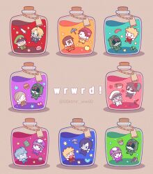 Rule 34 | 6+boys, :3, ^ ^, apple, axe, beanie, black jacket, black necktie, blonde hair, book, bottle, brown hair, brown vest, bucket, bug, burger, butterfly, chibi, chibi only, cigarette, cino gauner, closed eyes, coke-bottle glasses, creeper, emile (marumaru no shuyaku wa wareware da!), fang, fez hat, flower, food, fruit, glasses, golden apple, green jumpsuit, green necktie, grey hair, grey shorts, gruppen fuhrer, hat, heart, highres, hitoranran, in bottle, in container, insect, jacket, japanese clothes, jumpsuit, koneshima, kotorai, lava, liquid, male focus, marumaru no shuyaku wa wareware da!, mask, military uniform, minecraft, mouth mask, multiple boys, necktie, no pupils, open mouth, osuman, outstretched arms, overalls, paper on head, pickaxe, pig, pig boy, pink flower, pink headwear, red shirt, roboro, rocket, salmon, shaded face, shaoron, sharp teeth, shirt, shoppi, short hair, shorts, smile, solid circle eyes, spiked hair, spread arms, star (symbol), striped clothes, striped shirt, suspenders, sword, teeth, tonton (marumaru no shuyaku wa wareware da!), uniform, utsu-sensei, vest, weapon, white mask, zipper pull tab, zom