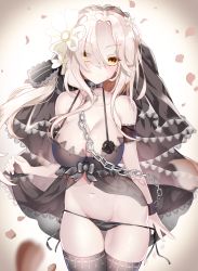 Rule 34 | 1girl, absurdres, armband, aug (girls&#039; frontline), babydoll, babydoll lift, bad id, bad pixiv id, bare shoulders, black bra, black dress, black flower, black panties, black ribbon, black rose, black thighhighs, bra, breasts, chain, chained, choker, closed mouth, cowboy shot, cross-laced footwear, dress, eyes visible through hair, flower, girls&#039; frontline, hair flower, hair ornament, hair ribbon, highres, huge filesize, lace, lace-trimmed bra, lace trim, large breasts, leaf, legs together, looking at viewer, navel, panties, panty pull, parted bangs, pulling own clothes, ribbon, rose, see-through, simple background, solo, standing, thighhighs, thighs, tia (4017342), underwear, veil