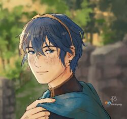 Rule 34 | 1boy, artist name, blue eyes, blue hair, blurry, blurry background, closed mouth, commentary, crown, english commentary, fire emblem, fire emblem: mystery of the emblem, hair between eyes, male focus, marth (fire emblem), nintendo, outdoors, short hair, smile, solo, twitter username, upper body, zoedapoey