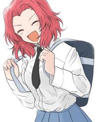Rule 34 | 1girl, :d, absurdres, bag, black necktie, blue skirt, carrying, closed eyes, commentary, dress shirt, facing viewer, fang, girls und panzer, highres, medium hair, necktie, open mouth, pleated skirt, red hair, rosehip (girls und panzer), school bag, school uniform, shirt, simple background, skin fang, skirt, smile, solo, st. gloriana&#039;s school uniform, standing, white background, white shirt, wing collar, zono (inokura syuzo029)
