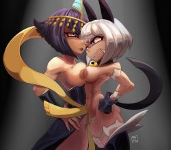 Rule 34 | 2girls, abs, animal ears, ass, blue eyes, breasts, cat ears, collar, egyptian, eliza (skullgirls), face-to-face, highres, lab zero games, large areolae, large breasts, medium breasts, ms. fortune (skullgirls), multiple girls, nude, pubic hair, purple hair, pussy, scar, short hair, silver hair, skullgirls, spicy bardo, uncensored