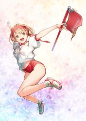 Rule 34 | 1girl, :d, akisa yositake, bare legs, blonde hair, buruma, fate/grand order, fate (series), flag, full body, green eyes, gym uniform, hairband, holding, holding flag, legs, looking at viewer, name tag, nero claudius (fate), nero claudius (fate) (all), nero claudius (fate/extra), nero claudius (olympian bloomers) (fate), official alternate costume, open mouth, outstretched arms, puffy short sleeves, puffy sleeves, red buruma, shirt, shoes, short sleeves, sidelocks, smile, sneakers, socks, solo, t-shirt, teeth, thighs, white shirt, white socks