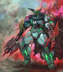 Rule 34 | absurdres, arm blade, armor, asymmetrical arms, axe, black armor, black cape, black getter, building, cape, claws, dust cloud, fusion, getter arc, getter robo, getter robo arc, green light, highres, holding, holding axe, holding weapon, horns, joints, mecha, one-eyed, red light, reflective surface, robot, robot joints, science fiction, shin getter robo, shoulder spikes, single horn, skyscraper, smoke, spiked footwear, spikes, super robot, torn cape, torn clothes, weapon, yamanushi