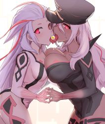 Rule 34 | 2girls, ai the somnium files, ai the somnium files: nirvana initiative, aiba (ai the somnium files), artificial eye, asymmetrical docking, breast press, breasts, cleavage, french kiss, hat, highres, holding hands, interlocked fingers, kiss, long hair, looking at viewer, mole, mole on breast, multicolored hair, multiple girls, okitaima, pink eyes, tama (ai the somnium files), tongue, tongue out, very long hair, white hair, yuri