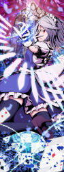 Rule 34 | 1girl, ace (playing card), ace of diamonds, black thighhighs, braid, card, diamond (shape), female focus, gloves, hand on own face, heart, izayoi sakuya, jpeg artifacts, knife, maid, maid headdress, nikka (cryptomeria), open mouth, outstretched arm, playing card, red eyes, short hair, silver hair, solo, stairs, thighhighs, tile floor, tiles, touhou, white gloves