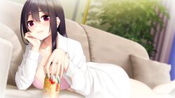 Rule 34 | 1girl, blurry, blurry background, blush, breasts, can, closed mouth, couch, cushion, female focus, fujino sakura, game cg, go-1, hair between eyes, hand on own cheek, hand on own face, head rest, highres, homemaid sweet pea, indoors, juice can, large breasts, legs, light blush, long hair, looking at viewer, lying, on stomach, original, purple hair, red eyes, shirt, solo, thighs, white shirt