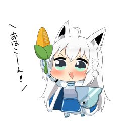 Rule 34 | 1girl, ahoge, animal ear fluff, animal ears, arm up, armor, armored dress, blush, braid, cape, chibi, commentary request, corn, corn cob, fish, food, fox ears, fox girl, fur-trimmed cape, fur trim, gauntlets, hair between eyes, holding, holding food, holding shield, hololive, long hair, looking at viewer, open mouth, shield, shirakami fubuki, sidelocks, simple background, single braid, solo, translation request, twumi, v-shaped eyebrows, virtual youtuber, white background, white hair