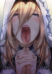 Rule 34 | 1girl, absurdres, aponia (honkai impact), blonde hair, blue eyes, blush, eyebrows, eyebrows hidden by hair, eyes visible through hair, female focus, fingernails, half-closed eyes, highres, honkai (series), honkai impact 3rd, hood, interlocked fingers, lips, long hair, long tongue, looking at viewer, mole, mole under eye, open mouth, oral invitation, own hands clasped, own hands together, pov, praying, saliva, solo, teeth, tomodachi (tomofanart), tongue, tongue out, upper body