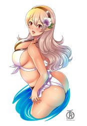 Rule 34 | 1girl, absurdres, artist name, ass, bikini, black hairband, breasts, corrin (female) (fire emblem), corrin (female) (summer) (fire emblem), corrin (fire emblem), fire emblem, fire emblem fates, fire emblem heroes, flower, hair flower, hair ornament, hairband, highres, huge ass, large breasts, long hair, nintendo, official alternate costume, open mouth, pointy ears, red eyes, revolverwing, sideboob, simple background, solo, swimsuit, white background, white hair