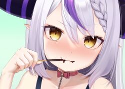 Rule 34 | 1girl, ao miya, blush, braid, choker, food, food in mouth, grey hair, highres, holding, holding food, holding pocky, hololive, horns, la+ darknesss, looking at viewer, multicolored hair, pocky, pocky day, pocky in mouth, pointy ears, purple eyes, red choker, ribbon choker, single braid, smile, solo, streaked hair, virtual youtuber, yellow eyes