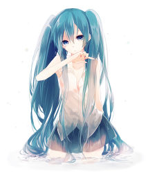 Rule 34 | 1girl, aqua hair, blue eyes, hatsune miku, highres, long hair, looking at viewer, md5 mismatch, partially submerged, resolution mismatch, simple background, skirt, sleeveless, solo, source smaller, t miyanagi, twintails, vocaloid, wading, wet, wet clothes, white background