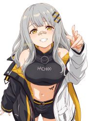 Rule 34 | 1girl, absurdres, bandaid, bandaid on face, bandaid on nose, belt, black jacket, black shirt, black shorts, blush, breasts, commentary, cowboy shot, crop top, english commentary, fuusuke (fusuke208), grin, hachi (live union), hair ornament, highres, jacket, live union, long hair, looking at viewer, medium breasts, midriff, mole, mole under eye, multicolored clothes, multicolored jacket, navel, open clothes, open jacket, pointing, pointing at viewer, shirt, short shorts, shorts, sidelocks, silver hair, simple background, sleeveless, smile, solo, stomach tattoo, tattoo, teeth, twitter username, two-sided fabric, two-sided jacket, two-tone jacket, virtual youtuber, white background, white jacket, yellow belt, yellow eyes