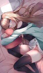 Rule 34 | 1girl, absurdres, aqua jacket, bed, bed sheet, black shirt, black thighhighs, blue eyes, blush, bow, bow hairband, brown hair, closed mouth, clothing cutout, commentary, eyes visible through hair, floating hair, from above, hair bow, hairband, heart, heart-shaped pillow, highres, indie virtual youtuber, jacket, kana616, light, long hair, long sleeves, looking at viewer, lying, multicolored clothes, multicolored skirt, neckerchief, no shoes, hugging object, off shoulder, on bed, on side, pillow, pink neckerchief, pink skirt, pleated skirt, shadow, shirt, shoulder cutout, skindentation, skirt, smile, solo, spanish commentary, sparkling eyes, star (symbol), thighhighs, thighs, very long hair, virtual youtuber, white bow, white skirt, yuniepix (vtuber)