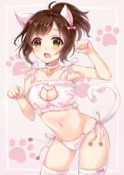 Rule 34 | 10s, 1girl, ahoge, alternate costume, animal ears, armpits, bell, blush, border, bow, breasts, brown hair, cat cutout, cat ear panties, cat ears, cat lingerie, cat tail, choker, cleavage cutout, clenched hands, clothing cutout, collarbone, cowboy shot, eyebrows, fang, hair bow, heart, heart tail, high ponytail, idolmaster, idolmaster cinderella girls, jingle bell, kemonomimi mode, leaning forward, lens flare, looking at viewer, maekawa miku, meme attire, navel, neck bell, open mouth, panties, paw pose, paw print, pink bow, ponytail, ribbon, sakura hiyori, side-tie panties, solo, stomach, swept bangs, tail, underwear, underwear only, white legwear, white panties, white ribbon, yellow eyes