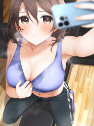Rule 34 | 1girl, arm up, armpits, bare arms, bare shoulders, black pants, blurry, blurry foreground, blush, breasts, breath, cellphone, cleavage, clothes pull, depth of field, dripping, fed (giba), gym, hair between eyes, highres, holding, holding phone, indoors, large breasts, looking at phone, navel, original, pants, parted lips, phone, pulled by self, purple sports bra, sitting, smartphone, smile, solo, sports bra, sports bra pull, stain, stained clothes, sweat, sweaty clothes, textless version, wet, wet clothes, wooden floor, yoga pants
