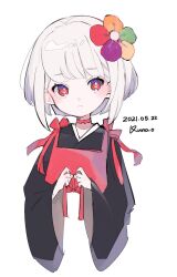 Rule 34 | 1girl, artist name, black kimono, closed mouth, dated, flower, hair flower, hair ornament, hands up, highres, japanese clothes, jikuno, kimono, looking at viewer, original, red eyes, short hair, simple background, solo, upper body, white background, white hair