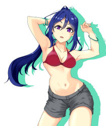 Rule 34 | 1girl, arm behind head, armpits, arms up, bikini, blue hair, breasts, cleavage, contrapposto, graphite (medium), grey shorts, groin, hair between eyes, high ponytail, infinite moppy, long hair, looking at viewer, love live!, love live! school idol project, love live! sunshine!!, matsuura kanan, medium breasts, navel, open mouth, ponytail, purple eyes, red bikini, shorts, solo, swimsuit, traditional media, white background