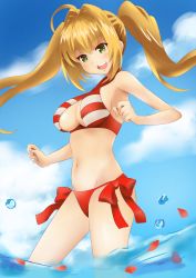 Rule 34 | bikini, blonde hair, blush, breasts, caster (nero claudius), fate/grand order, fate (series), green eyes, large breasts, long hair, sky, smile, swimsuit, twintails, water
