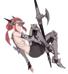 Rule 34 | 1girl, armor, artist request, axe, black pantyhose, blue eyes, breasts, full body, highres, looking at viewer, mecha, mg (milgam), nose, pantyhose, red hair, robot, simple background, solo, weapon, white background