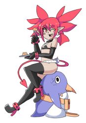 Rule 34 | 1girl, ;), anklet, bad id, bad tumblr id, bat wings, belt, bigdead, bikini, blush stickers, boots, cake, demon girl, demon tail, disgaea, elbow gloves, etna (disgaea), eyebrows, fang, flat chest, food, fork, full body, gloves, high heel boots, high heels, highres, jewelry, mini wings, one eye closed, pointy ears, prinny, red eyes, red hair, sitting, sitting on person, smile, sweatdrop, swimsuit, tail, thick eyebrows, thigh boots, thighhighs, twintails, wings