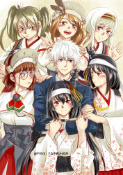 Rule 34 | 1boy, 6+girls, :d, absurdres, admiral (kancolle), arm hug, artist name, black hair, blue eyes, blush, brown eyes, brown hair, capelet, detached sleeves, farmuhan, feathers, floral print, formal, frown, fusou (kancolle), glasses, green hair, hair ornament, hair ribbon, hairband, hand on another&#039;s shoulder, headdress, highres, hug, hug from behind, italia (kancolle), japanese clothes, jealous, kantai collection, littorio (kancolle), long hair, multiple girls, nontraditional miko, open mouth, pince-nez, red eyes, remodel (kantai collection), ribbon, roma (kancolle), short hair, shoukaku (kancolle), smile, suit, twintails, v, waving, wavy hair, white hair, yamashiro (kancolle), zuikaku (kancolle)