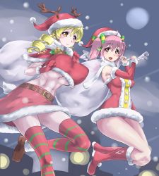 Rule 34 | 10s, 2girls, adapted costume, alternate breast size, bag, bare shoulders, belt, blonde hair, blush, boots, breasts, christmas, covered erect nipples, detached sleeves, drill hair, fake antlers, hair ornament, hair ribbon, hairpin, hat, highres, huge breasts, kaname madoka, mahou shoujo madoka magica, mahou shoujo madoka magica (anime), midriff, mizuumi (bb), multiple girls, navel, open mouth, panties, pink eyes, pink hair, ribbon, santa boots, santa costume, santa hat, short hair, short twintails, striped clothes, striped legwear, striped thighhighs, thighhighs, tomoe mami, twin drills, twintails, underboob, underwear, yellow eyes