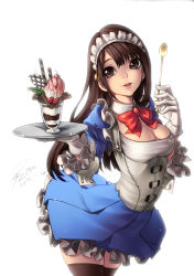 Rule 34 | 1girl, artist name, bad id, bad pixiv id, black thighhighs, bow, breasts, brown eyes, brown hair, cherry, choker, cleavage, dated, food, fruit, glass, gloves, ice cream, large breasts, long hair, maid headdress, naidong (artist), original, parfait, parted lips, simple background, skirt, solo, spoon, strawberry, thighhighs, tray, wafer stick, waitress, white background, zettai ryouiki