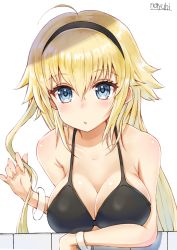 Rule 34 | 1girl, ahoge, bare shoulders, bikini, black bikini, black hairband, blonde hair, blue eyes, blush, breasts, cleavage, collarbone, commentary request, fate/apocrypha, fate/grand order, fate (series), fingernails, hair between eyes, hair flaps, hairband, highres, jeanne d&#039;arc (fate), jeanne d&#039;arc (ruler) (fate), jeanne d&#039;arc (swimsuit archer) (fate), jeanne d&#039;arc (swimsuit archer) (first ascension) (fate), large breasts, long hair, looking at viewer, nayuhi (yukimuu14), parted lips, signature, simple background, solo, swimsuit, very long hair, white background
