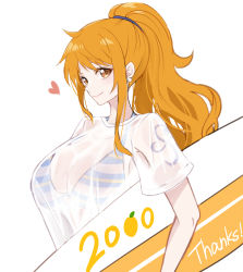 Rule 34 | 1girl, bikini, commentary request, crazy otama, earrings, english text, eyelashes, happy, heart, highres, jewelry, long hair, looking at viewer, nami (one piece), one piece, orange eyes, orange hair, ponytail, see-through, see-through shirt, simple background, sketch, smile, solo, striped bikini, striped clothes, swimsuit, tattoo, thank you, white background