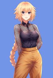 Rule 34 | 1girl, absurdres, alternate costume, arms behind back, bad id, bad pixiv id, black shirt, blonde hair, blue background, blue eyes, blush, braid, breasts, brown pants, collarbone, collared shirt, commentary request, cowboy shot, dress shirt, fate/grand order, fate (series), high-waist pants, highres, hua-j, jeanne d&#039;arc (fate), jeanne d&#039;arc (ruler) (fate), large breasts, long braid, long hair, long sleeves, looking at viewer, pants, parted lips, purple eyes, see-through, shirt, shirt tucked in, simple background, single braid, solo, teeth, very long hair, wing collar